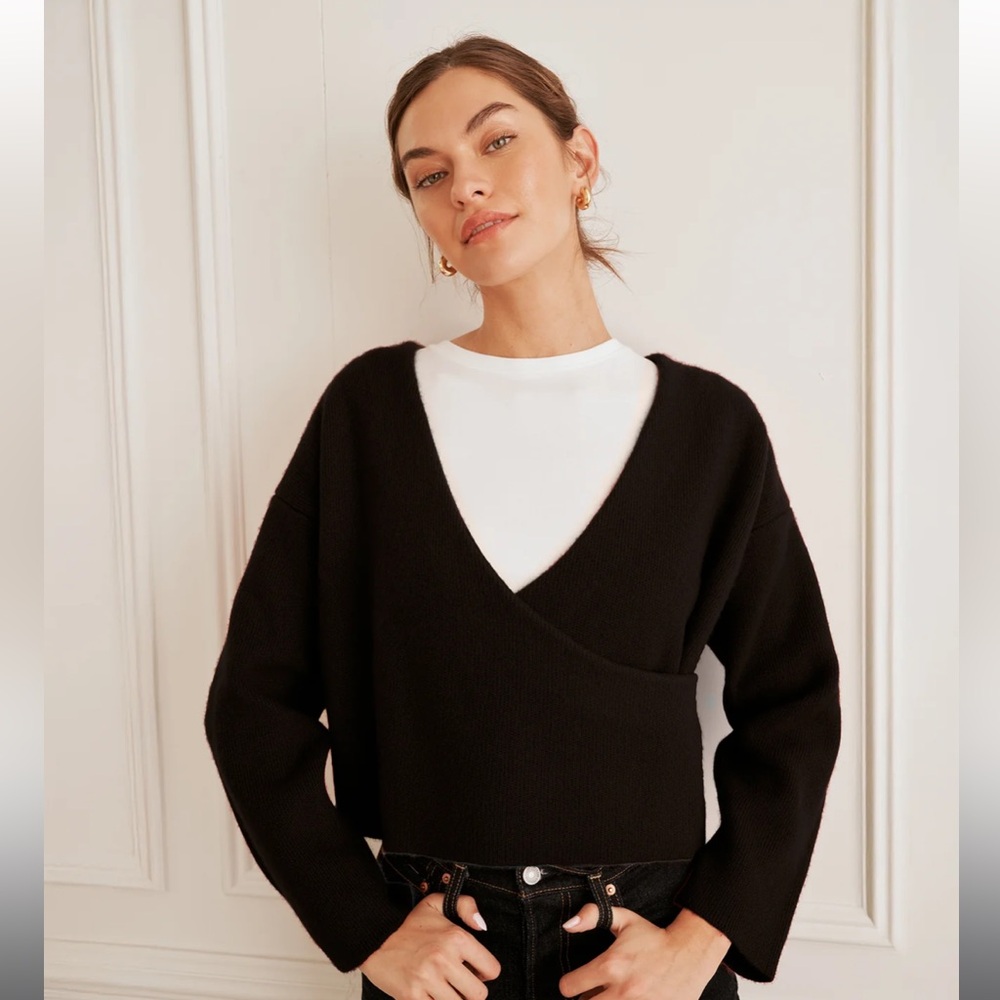 NAADAM Black Cropped V-Neck Wrap Sweater